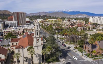 Aerial view of the historic skyline of downtown Riverside, California, USA.