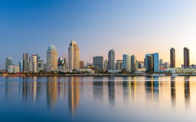 San Diego, California, USA downtown skyline at the Embarcadero at dusk.